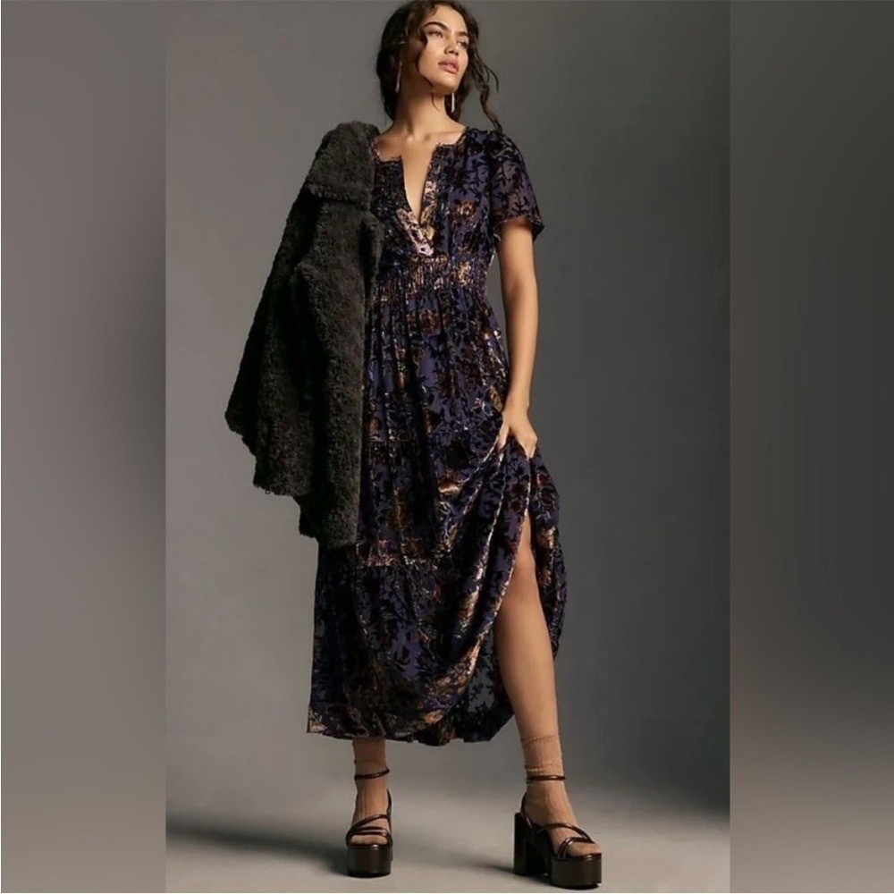 Anthropologie The Somerset Maxi Dress: Velvet Edition Purple and Gold Size L